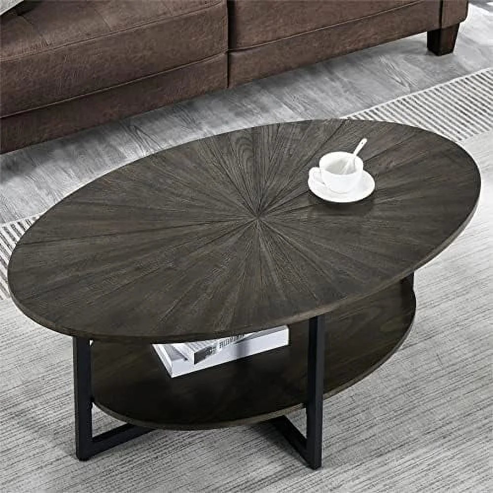 xrboomlife Oval Coffee Tables with   for Living Room  Oval Wood Coffee Table  Industrial Wood Tabletop  26" D x 43.3" W x 17.9" H  Rustic Natural  KFZ-1811