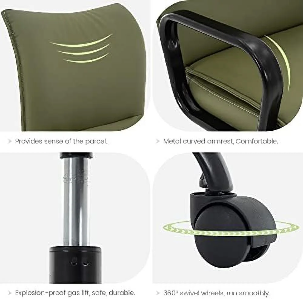 Office Chair  Modern Upholstered Mid-Back PU Leather Task Desk Chair with Arms  Adjustable Rocking Swivel Computer Chair with Wheels (Olive Green  Black Base)