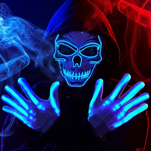 JOYIN Halloween LED Skull Mask with Light Up Gloves, Green LED Light up Skeleton and Scary Glow in The Dark Mask for Adult Men Women Halloween Cosplay Costumes Accessory Party Dress Up