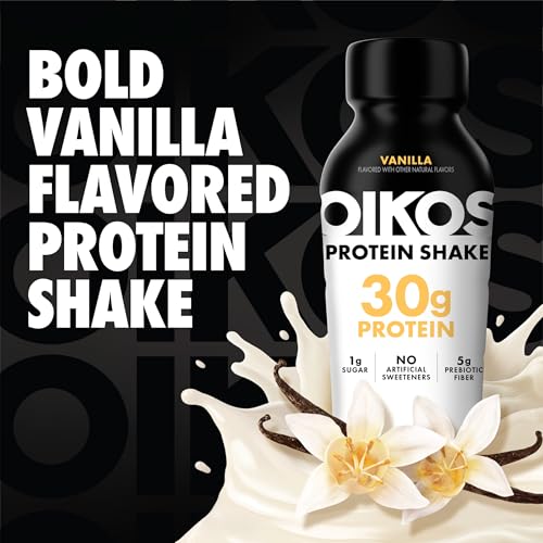 Oikos Protein Shake, Salted Caramel, 30g High Protein Drinks, Shelf Stable, Ready to Drink, 5g Prebiotic Fiber, 12 fl oz Bottle, 12 Count