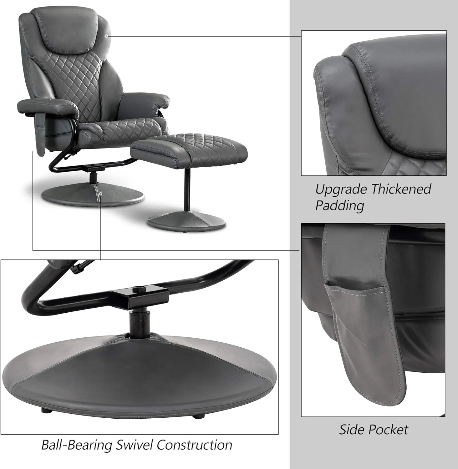 Recliner With Ottoman, Reclining Chair With Massage, 360 Swivel Living Room Chair Faux Leather, 4901 (Grey)