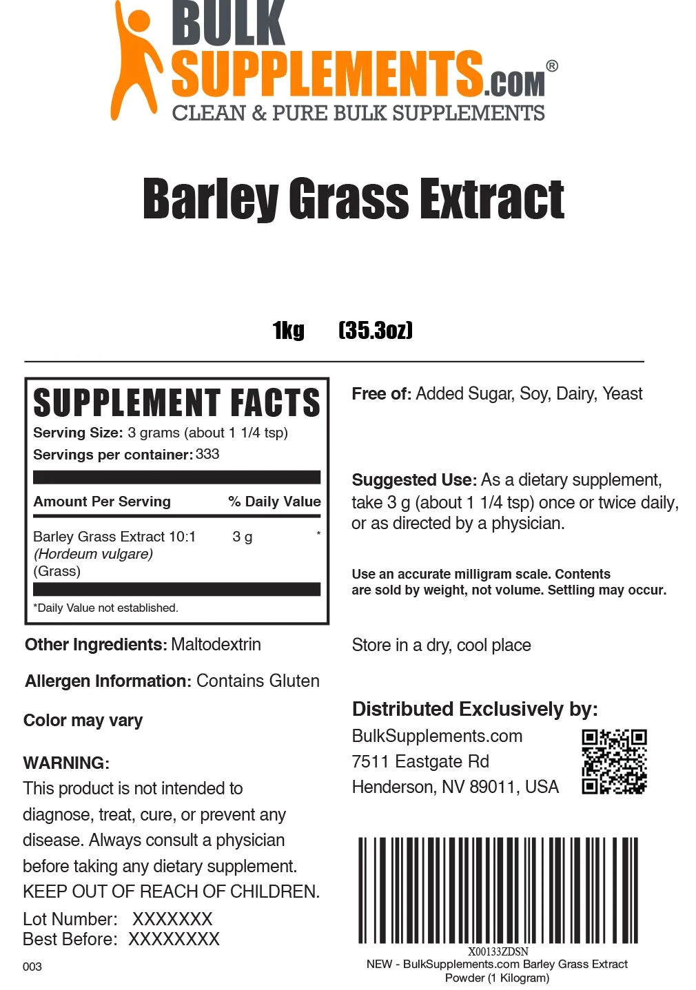 BulkSupplements.com Barley Grass Extract Powder, 3g - Green Superfood Powder - Barley Extract - Vegan Powder (1kg - 333 Servings)
