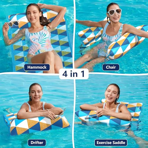 Jasonwell Water Hammock Pool Floats - 2PACK Fabric Inflatable Pool Hammock Float Floaties 4 in 1 (Saddle Lounge Chair Drifter) Lake Beach Floating Loungers Swimming Pool Rafts Toys for Adults