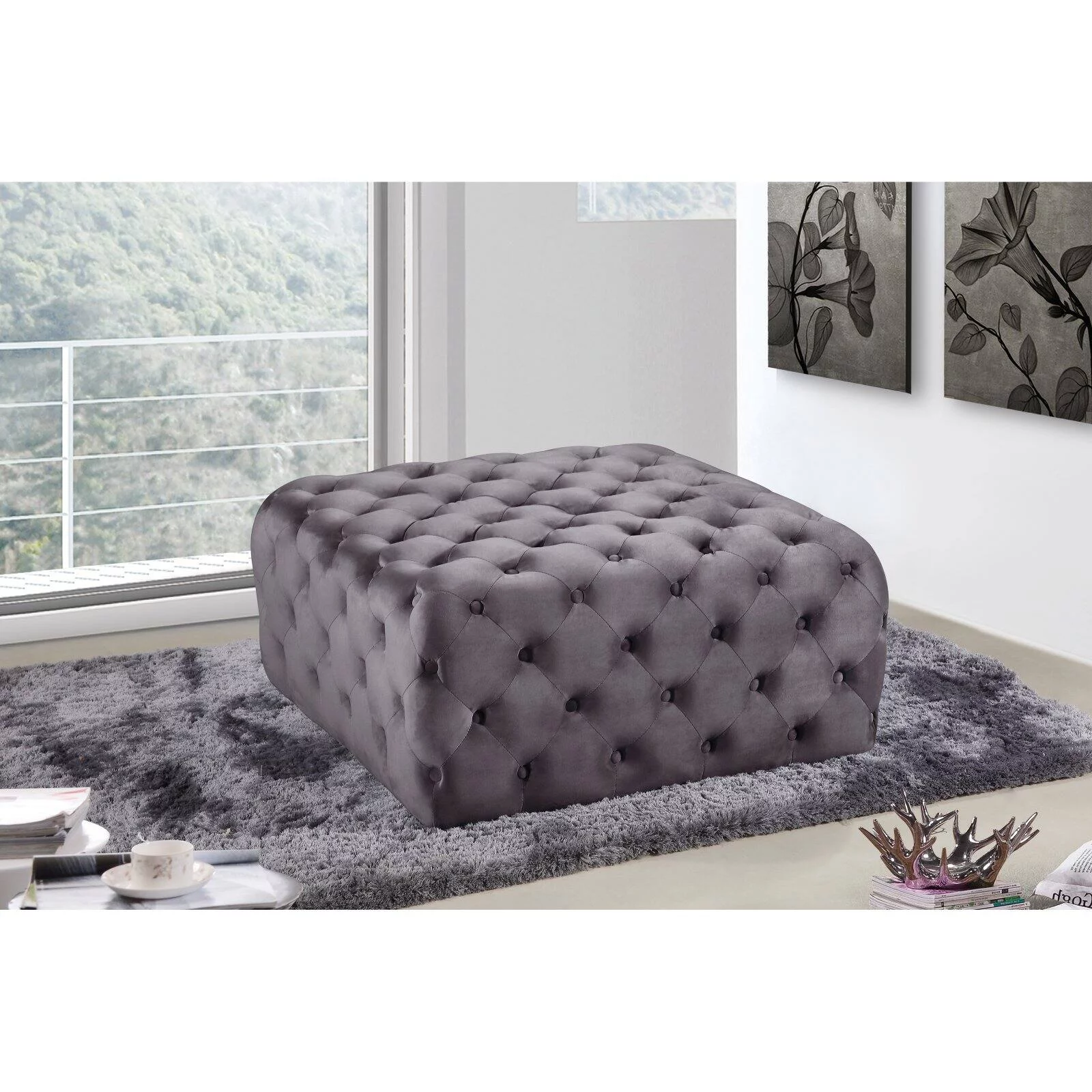 Meridian Furniture Ariel Button Tufted Black Velvet Ottoman and Bench