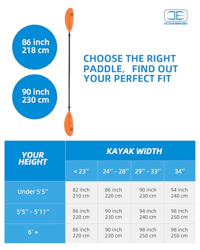 OCEANBROAD Carbon Fiber Kayak Paddle 90.5in/230cm, 86in/218cm for Adults Kayaking Boating Canoeing Oar with Paddle Leash
