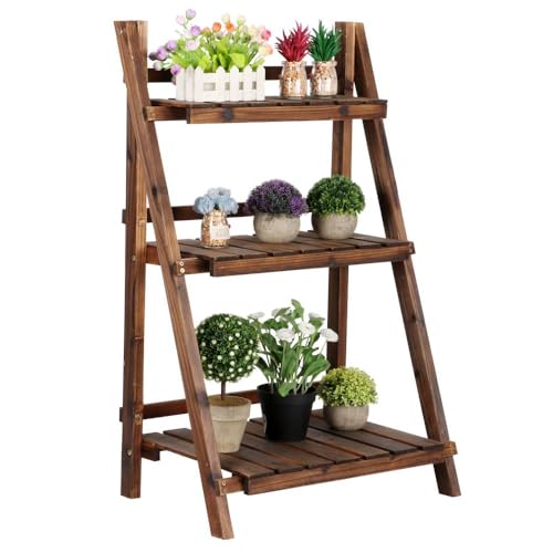 Yaheetech Folding Plant Stand Wooden Foldable Plant Shelf 3-Tier Flower Pot Stand Plants Display Shelf Rack Ladder Garden Indoors Outdoors 23.6 x 15 x 36.6in