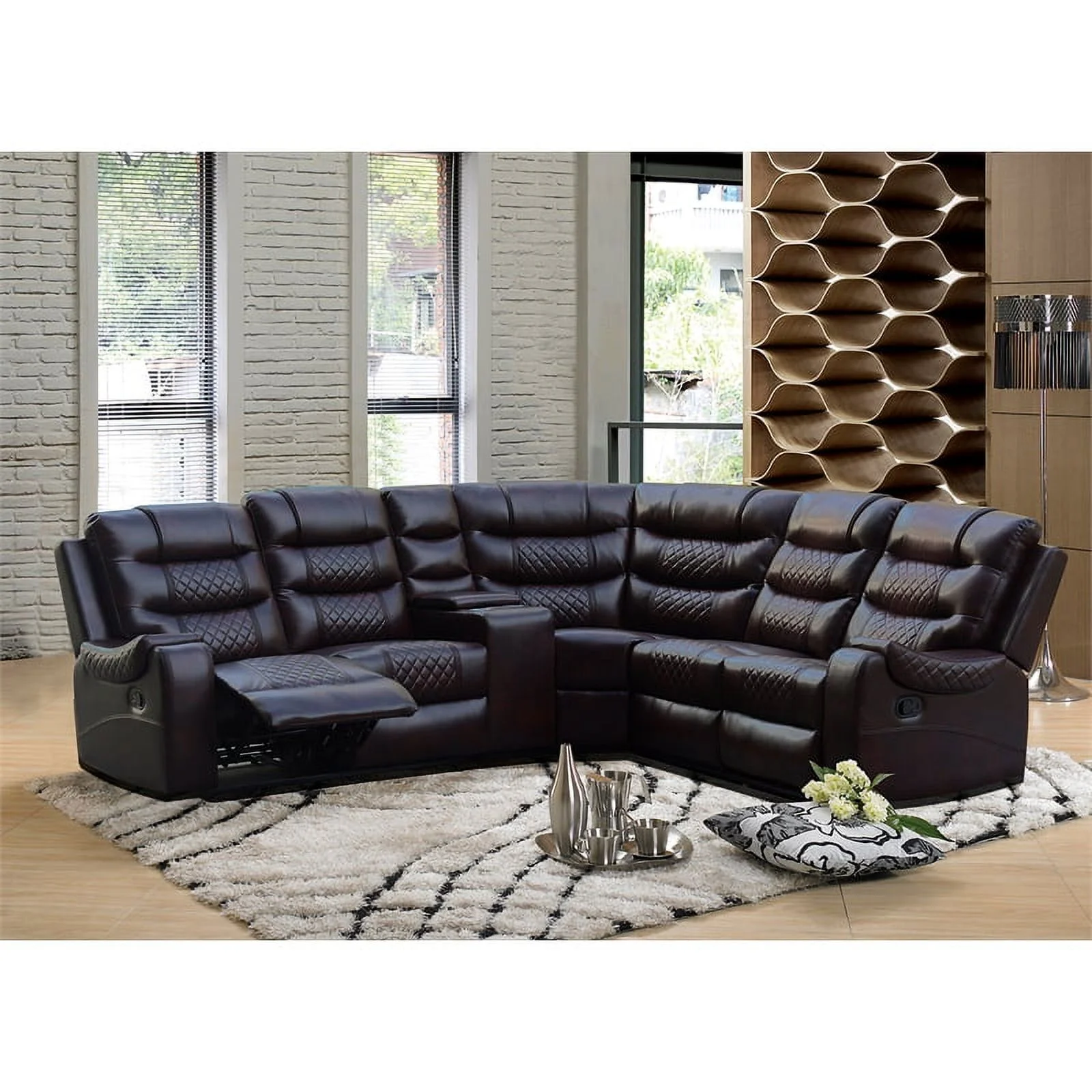 Mirabell 5-piece Faux Leather Reclining Sectional with console in Brown