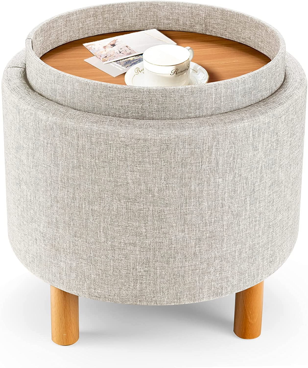 Round Storage Ottoman With Tray, Accent Storage Footstool W/ Soft Padding, Fabric Sitting Stool W/ Solid Wood Legs & Non-Slip Pads, Tray Top Coffee Table For Living Room, Bedroom (Beige)