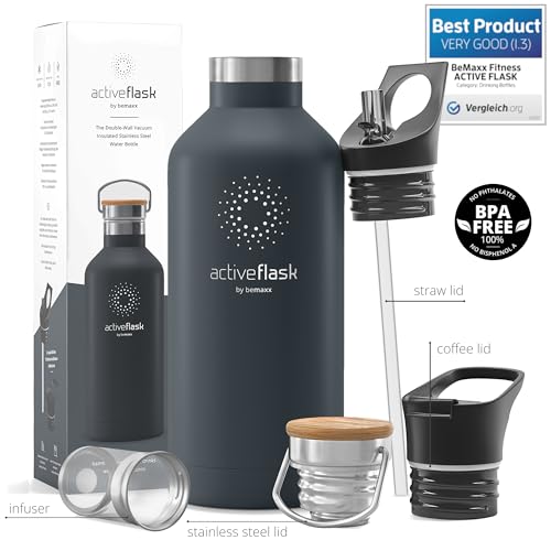 Stainless Steel Water Bottle with Straw, Infuser & 3 Lids: 18/32 OZ Leak-Proof Vacuum Insulated ACTIVE FLASK Drinking Bottles Hot Cold: Double Walled Outdoor Drink Thermo Mug Tea Coffee Sport Gym Bike