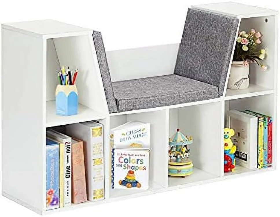 HJZBNONE 6-Cubby  Bookcase w/Cushioned Reading Nook  Multi Purpose  Organizer Cabinet  with Soft Cushion and Thick Wood Board for Children Girls & Boys Bedroom Decor Room (Modern Whit