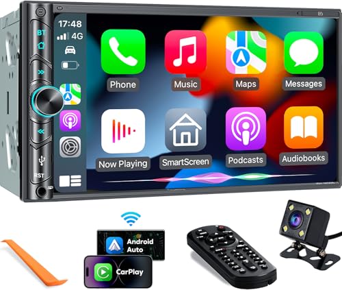Upgrade Wireless Double Din Car Stereo with Carplay, Android Auto, Bluetooth, 4-Channel RCA, High Power, 2 Subwoofer Ports, 7