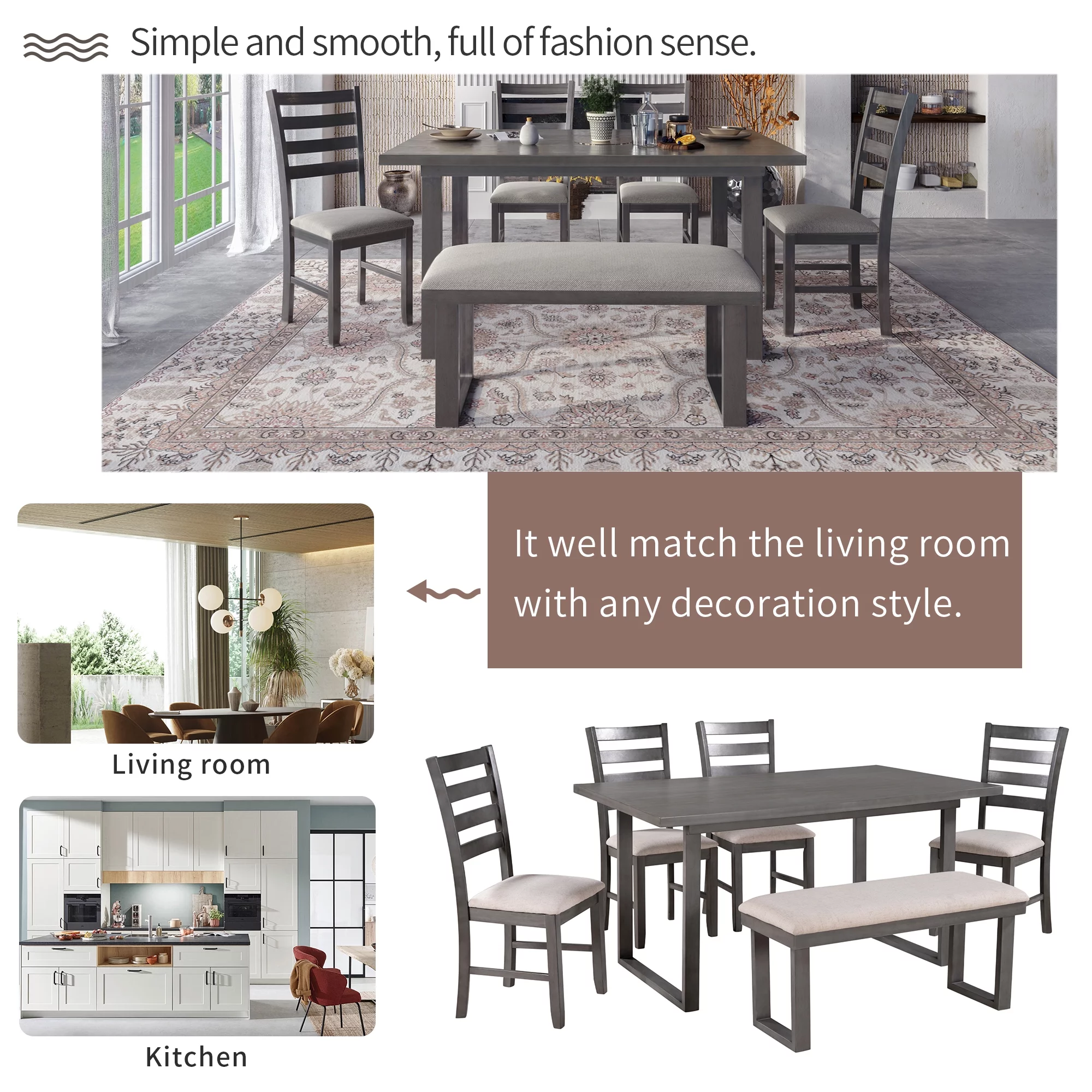 CoSoTower 6-Pieces Family Furniture, Solid Wood Dining Room Set With Rectangular Table & 4 Chairs With Bench, Gray