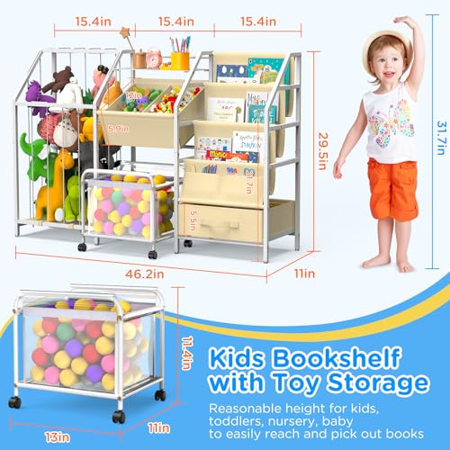 Kids Bookshelf and Toy Storage, 3 Tier Sling Montessori Bookcase with Toy Organizer & Stuffed Animal Storage, Children Baby Toddler Book Shelf for Kids Rooms Nursery Bedroom Playroom, White
