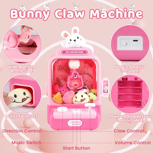 Claw Machine for Kids, Bunny Toy Glowing Arcade Game with LED Lights & Sound, Mini Rabbit Vending Machines Candy Grabber Prize Dispenser with Mini Plush Dolls, Home Party Easter Birthday Gifts