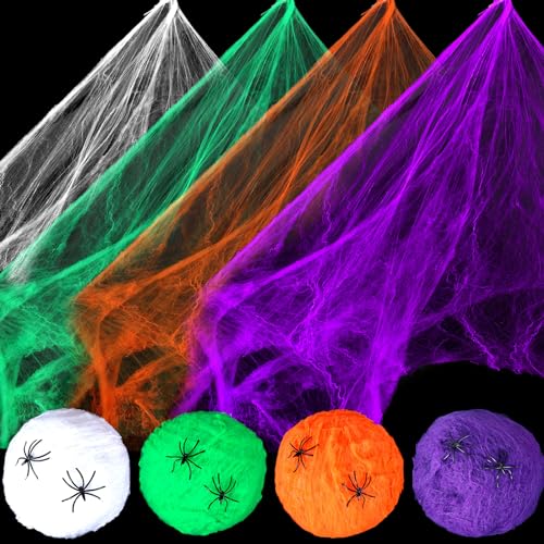 Lenwen 4 Colors Halloween Spider Webs with 150 Fake Spiders Halloween Party Indoor and Outdoor Decorations Colored Stretch Cobwebs for Halloween Party Decorations Bar House (1400 Sqft)