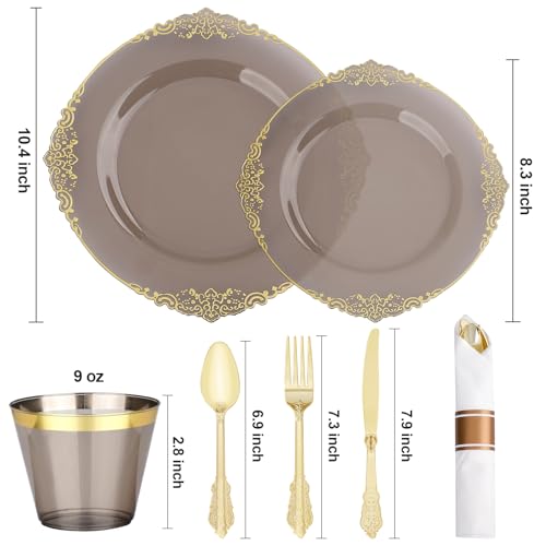 350 PCS Black and Gold Plastic Plates, Disposable Dinnerware Set for 50 Guests, 100 Disposable Plates, 150 Silverwares, 50 Cups, 50 Napkins for Wedding, Party, Graduation