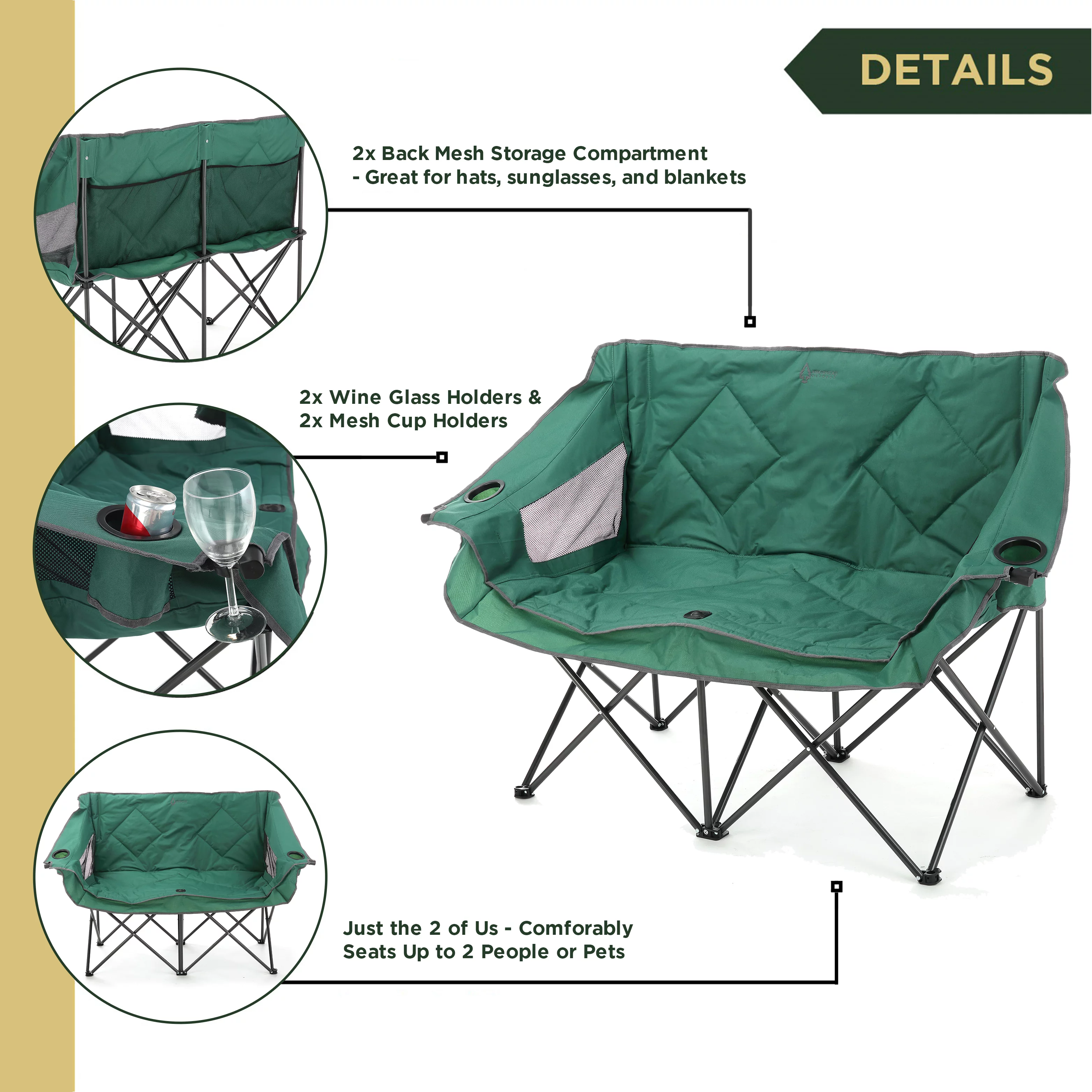 ARROWHEAD OUTDOOR Portable Folding Double Duo Camping Chair Loveseat w/ 2 Cup & Wine Glass Holder, Heavy-Duty Carrying Bag, Padded Seats & Armrests, Supports up to 500lbs, USA-Based Support (Green)