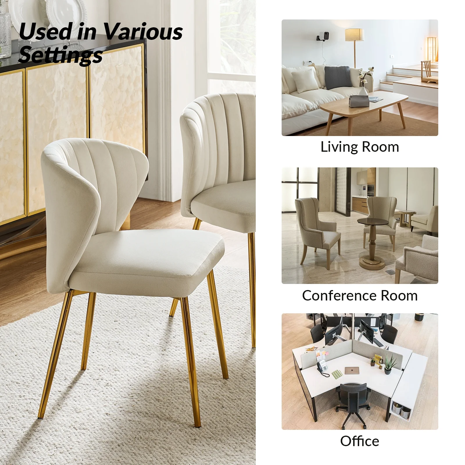 Velvet Upholstery Set of 4 Dining Chairs Channel Tufted Side Chair Metal Legs Kitchen Living Room Bedroom Tan