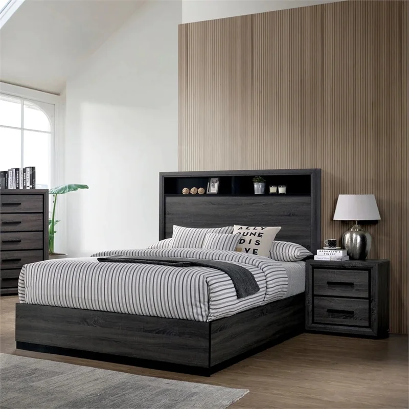 FOA Drummond 3-Piece Gray Wood Panel Bedroom Set - Cal King + 2 Nightstands
