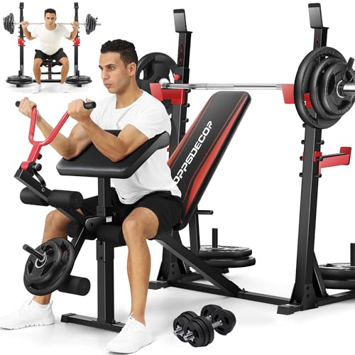 Professional Olympic Weight Bench Set with Squat Rack Adjustable Bench Press with Leg Extension and Curl Heavy-Duty Bench Press Preacher Curl Bench Full Body Workout Benches for Home Gym(US Stock)