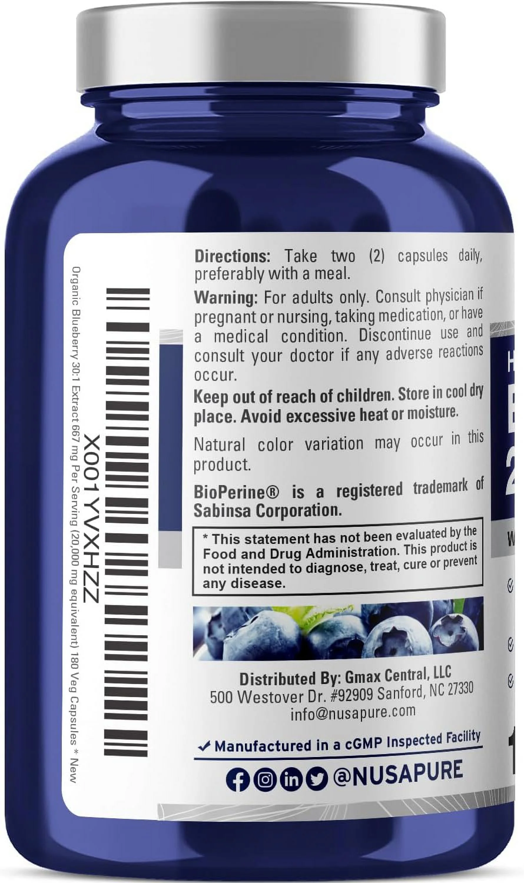 NusaPure Blueberry Concentrate 20,000mg - 180 Veggie Powder caps (Extract 30:1, 100% Vegetarian, Non-GMO & Gluten Free)