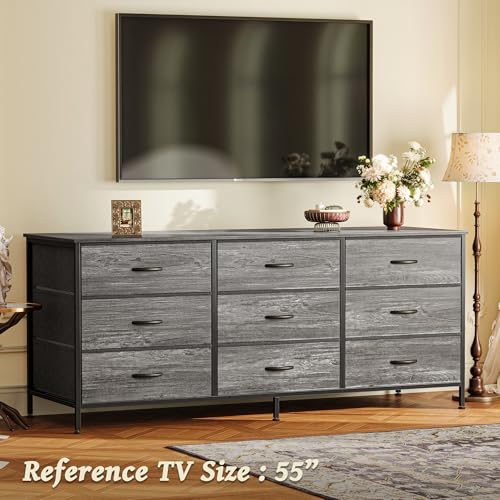 Huuger 63 Inch Dresser for Bedroom, Dresser for Closet with 9 Drawers, Large TV Stand for 55, 65, 70 Inch TV, Entertainment Center with Storage, Wide Long Chest of Drawers, Rustic Brown
