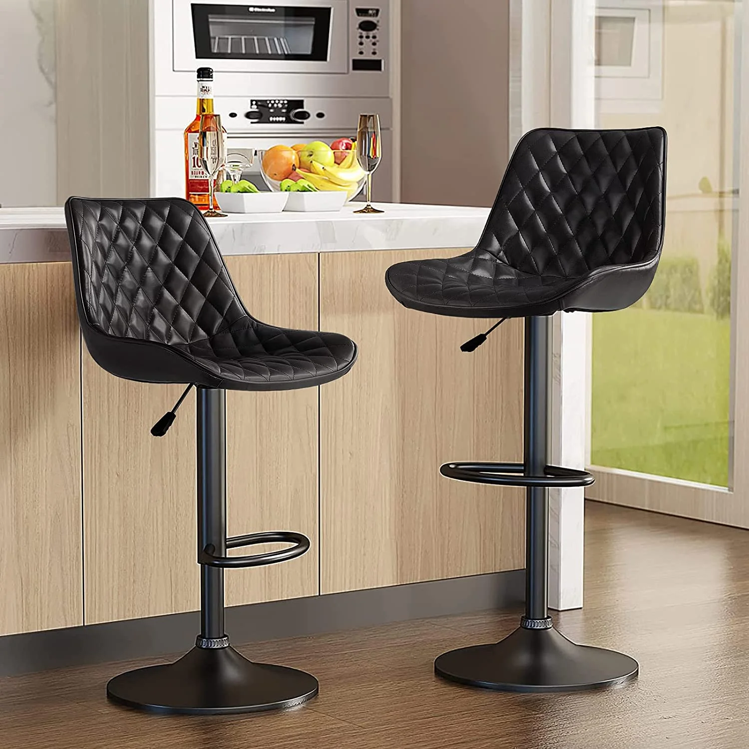 Waleaf Upholstered Bar Stools Set of 2, Adjustable Counter Height Leather Dining Bar Stools with Back