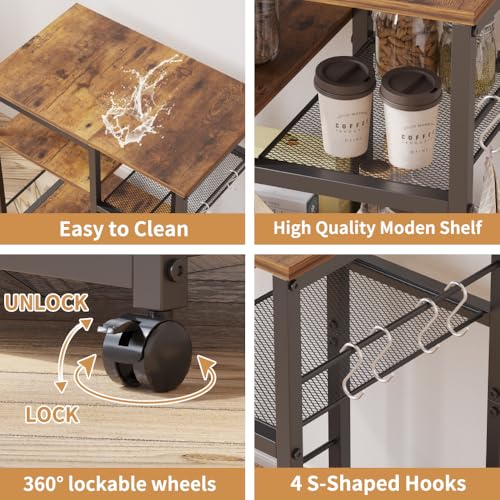 Kitchen Microwave Cart，Rolling Kitchen Cart with Lockable Wheels, 4-Tier Microwave Stand, Bakers Rack Island, Coffee Cart Appliance Storage, Kitchen Table for Office, Living Room