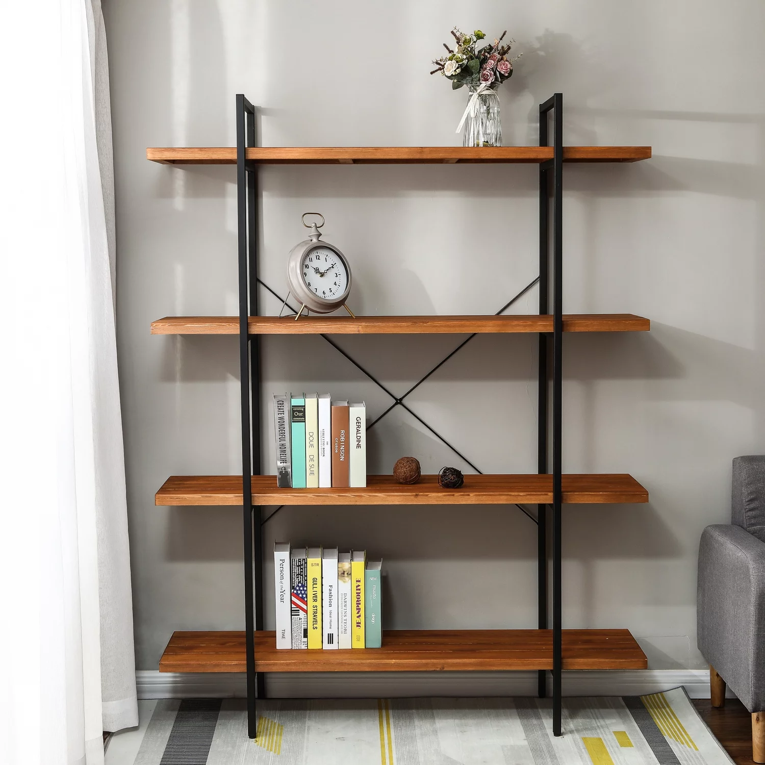 LuxenHome Brown Wood Metal Frame 4-Shelf Bookcase