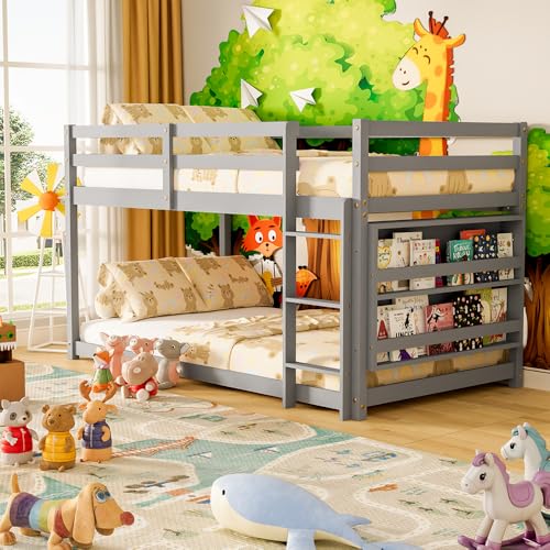 Low Bunk Bed Twin Over Twin, Floor Bunk Bed with Bookshelf&Ladder, Twin Bunk Bed with Full Guardrails, Wooden Bunk Bed for Juniors, Boys, Girls, Kids, Bedrooms (Grey)
