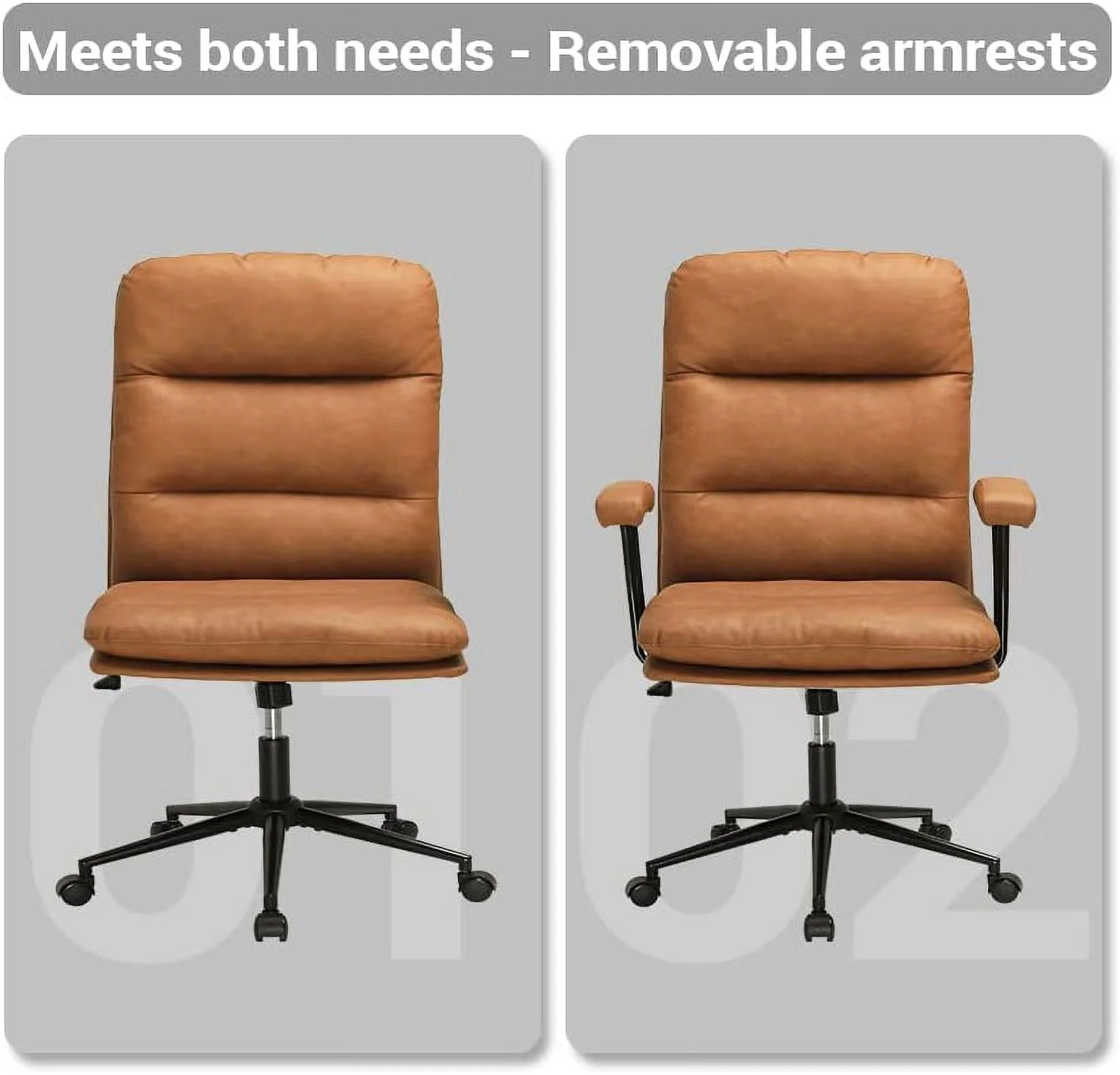 YOJFOTOOU. Leather Office Chair Brown Desk Chair Mid Century Home Office Desk Chair with Arms, Adjustable Back 40°, Capacity 400lbs