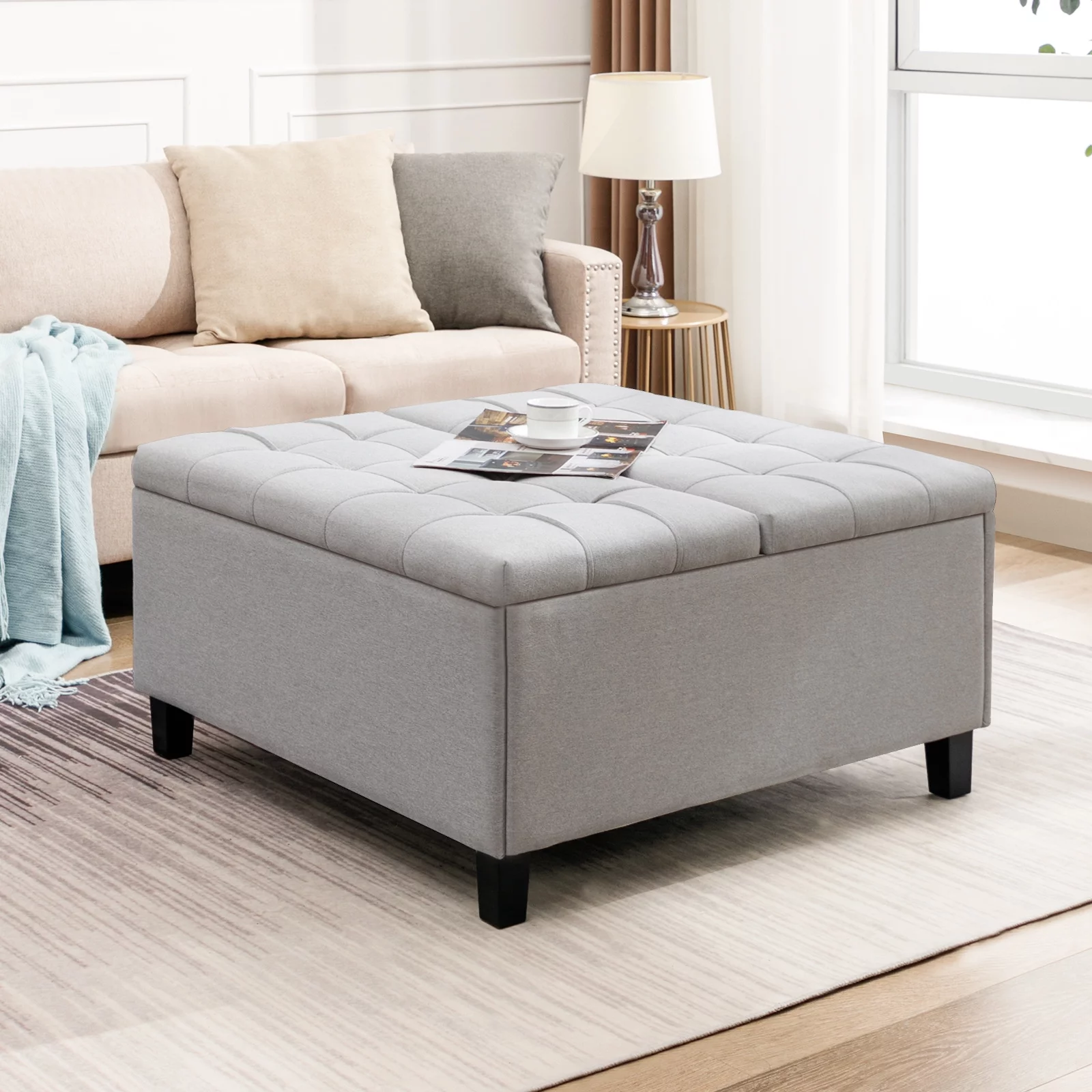 ZAFLY Square Ottoman with Storage, Coffee Table Ottoman with Lift Top, Upholstered Footstool for Bedroom/Living Room - Light Grey