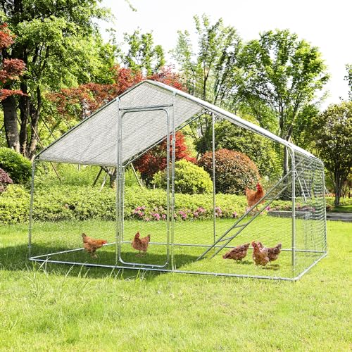 Large Metal Chicken Coop, Walk-in Chicken Run for 10 Chicken with Water-Resident and Anti-UV Cover, Sturdy Dome Roof Chicken House for Outdoor Farm Use, Roosting Perch Included