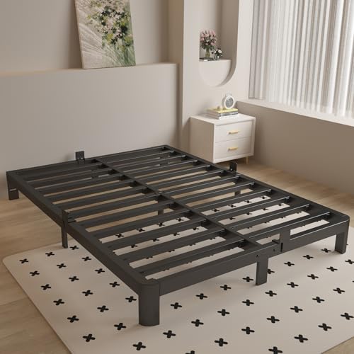 Full Size Bed Frame 16 Inch Black, Metal Platform Full Bed Frame with Baffles, No Box Spring Needed, Heavy Duty Steel Supprt, Rounded Corner Design, Reserved Holes, Noiseless, Easy Assembly