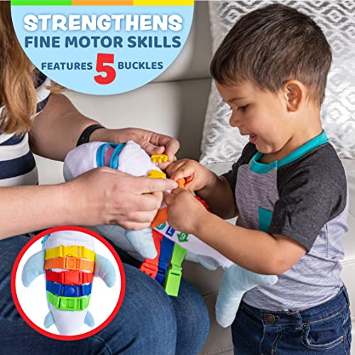 Buckle Toys - Bruce Shark Stuffed Animal - Montessori Learning Activity Travel Toy for Toddlers - Develop Motor Skills and Problem Solving