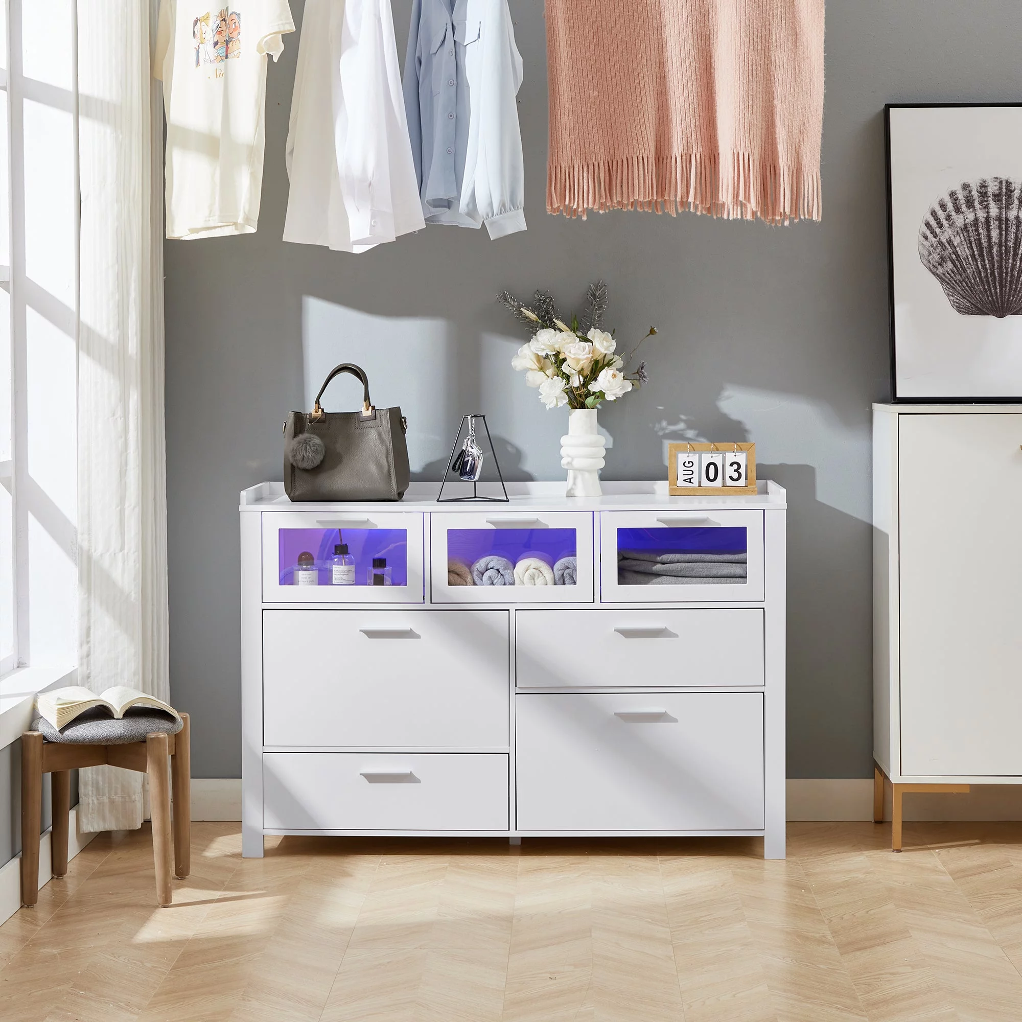 VECELO 3-Piece Modern Bedroom Set with 7 Drawers LED Dresser and 2 Nightstands with 2-Drawer, White