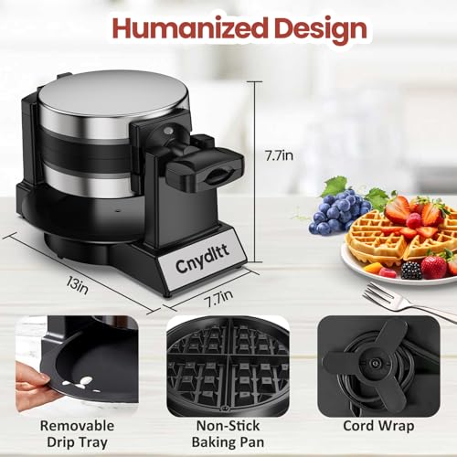 Double Waffle Maker, 1400W Rotating Belgian Waffle Iron with Nonstick Plates, 180° Flip, 8-Slice, Removable Drip Tray, Locking Lid & Cool Touch Handles, Stainless, Black
