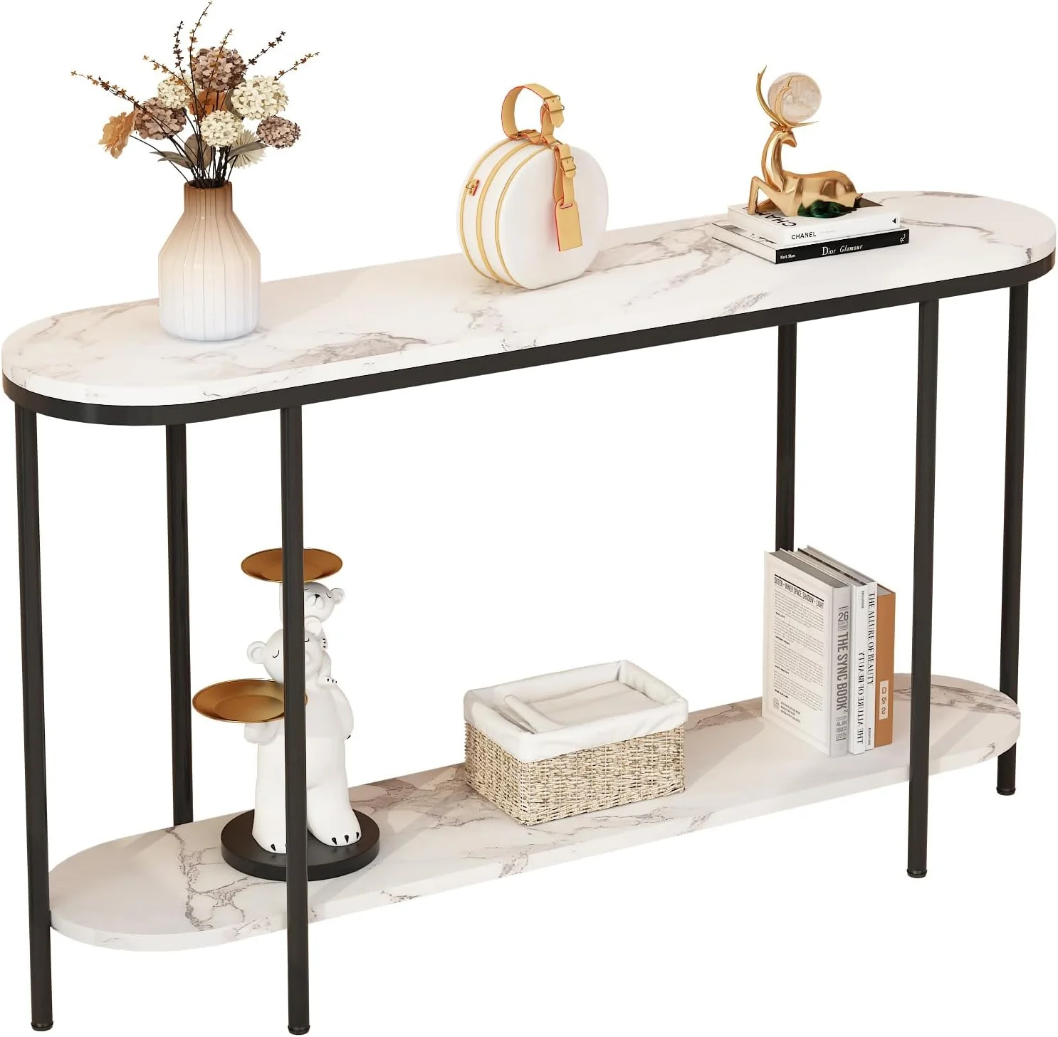 Entryway Sofa Table, Faux Marble Entryway Table with 2 Tier Storage Shelf with Balck Metal Frame, Modern Hallway Accent Table for Living Room, Black & White