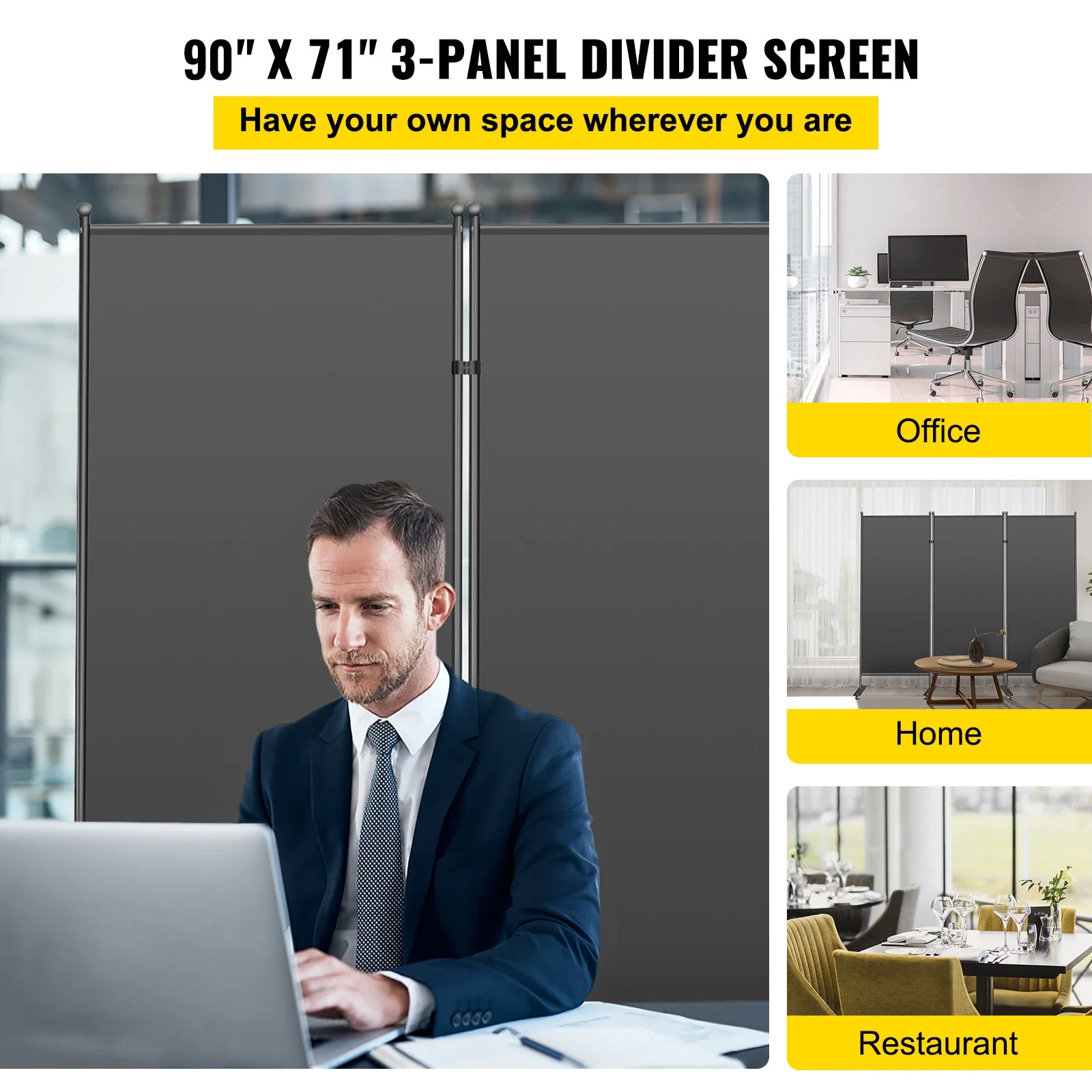 VEVOR 3-Panel Room Divider 6 FT Tall Wall Office Partition 90