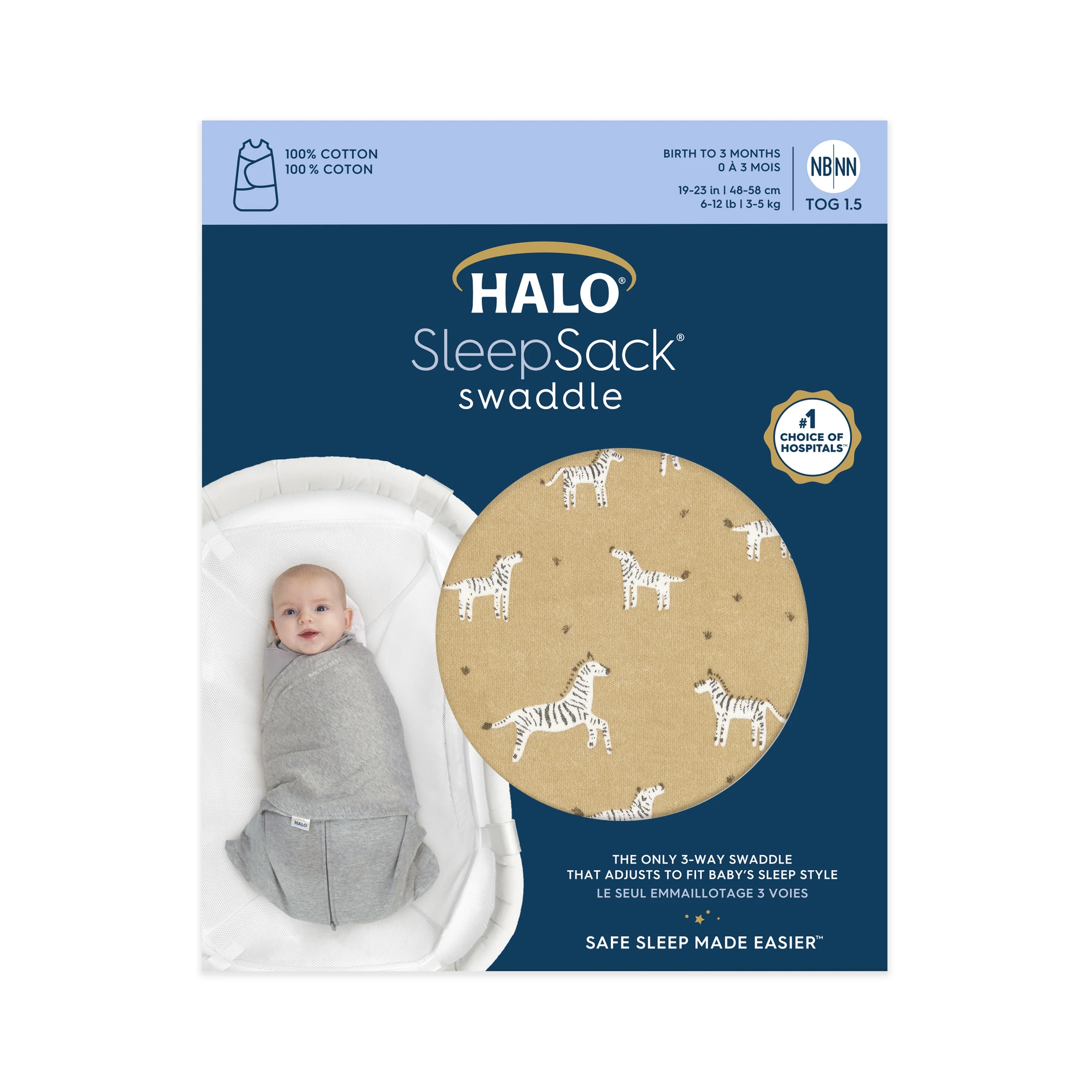 Halo® Sleepsack® Swaddle, 100% Cotton, Serengeti Zebras, Small, Unisex, 3-6 Months