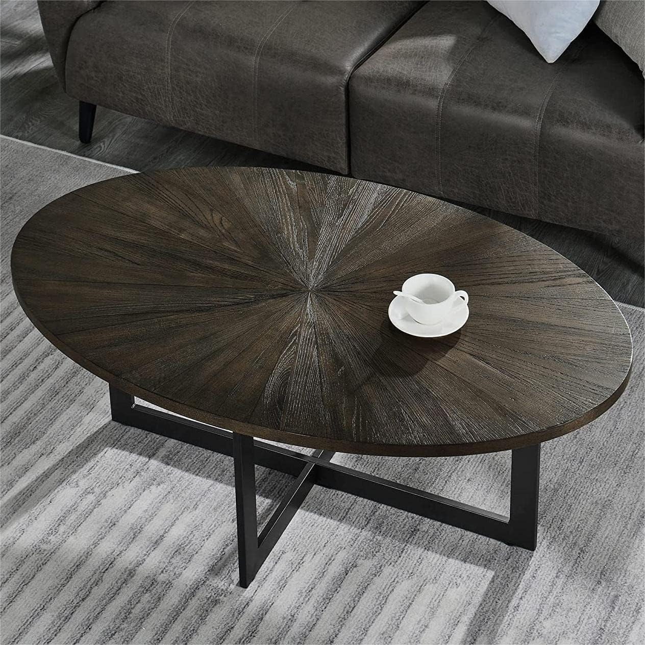 KHBIULIFE Solid Wood Contemporary Oval Coffee Table with Cross Metal Legs Brown