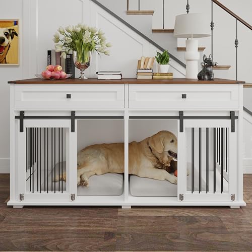 Farmhouse Dog Crate Furniture for 2 Dogs, Room Divider & Sliding Barn Door, Indoor Furniture Style Heavy Duty Dog Cage for Small Medium Dog, Brown White