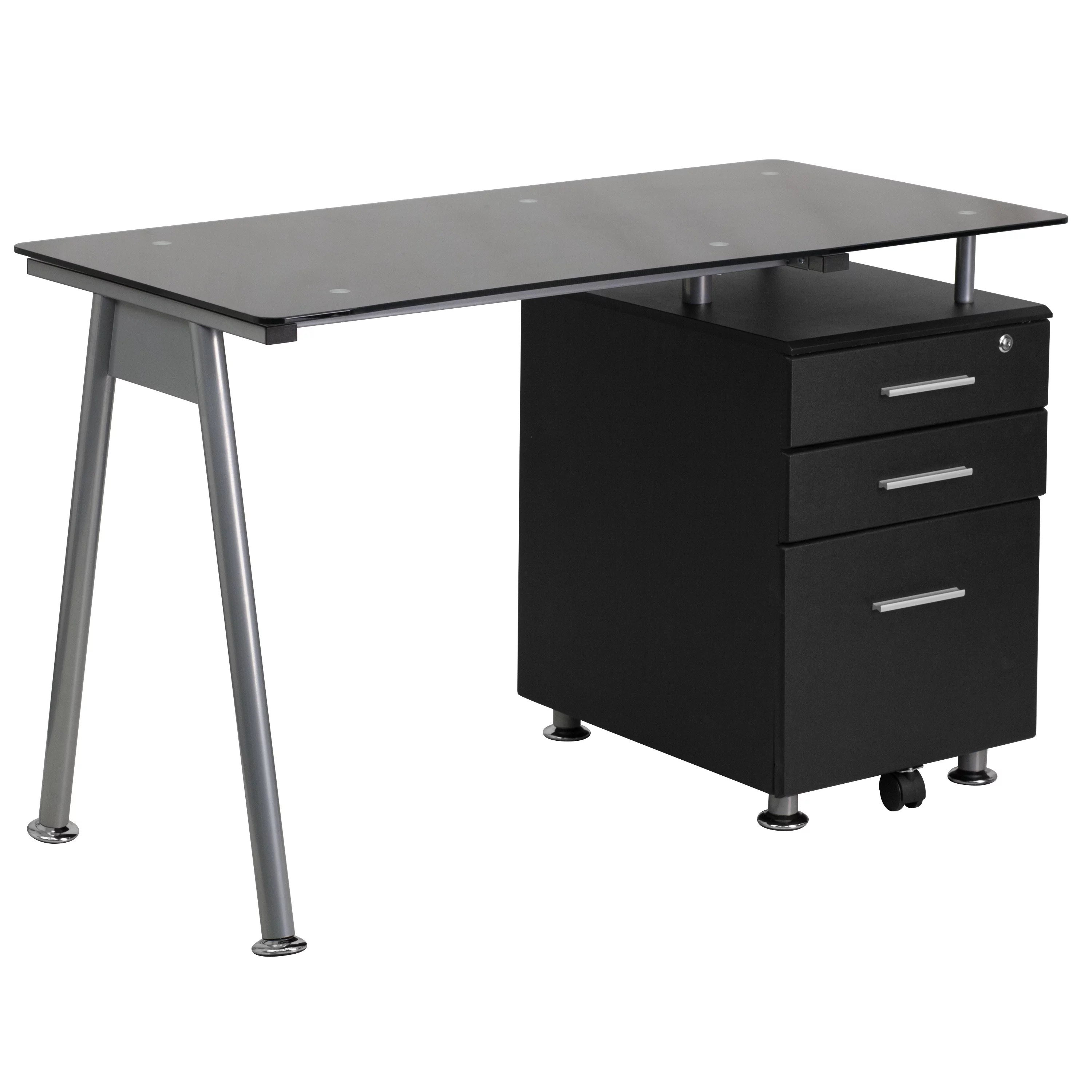Emma + Oliver Black Glass Computer Desk with Three Drawer Pedestal