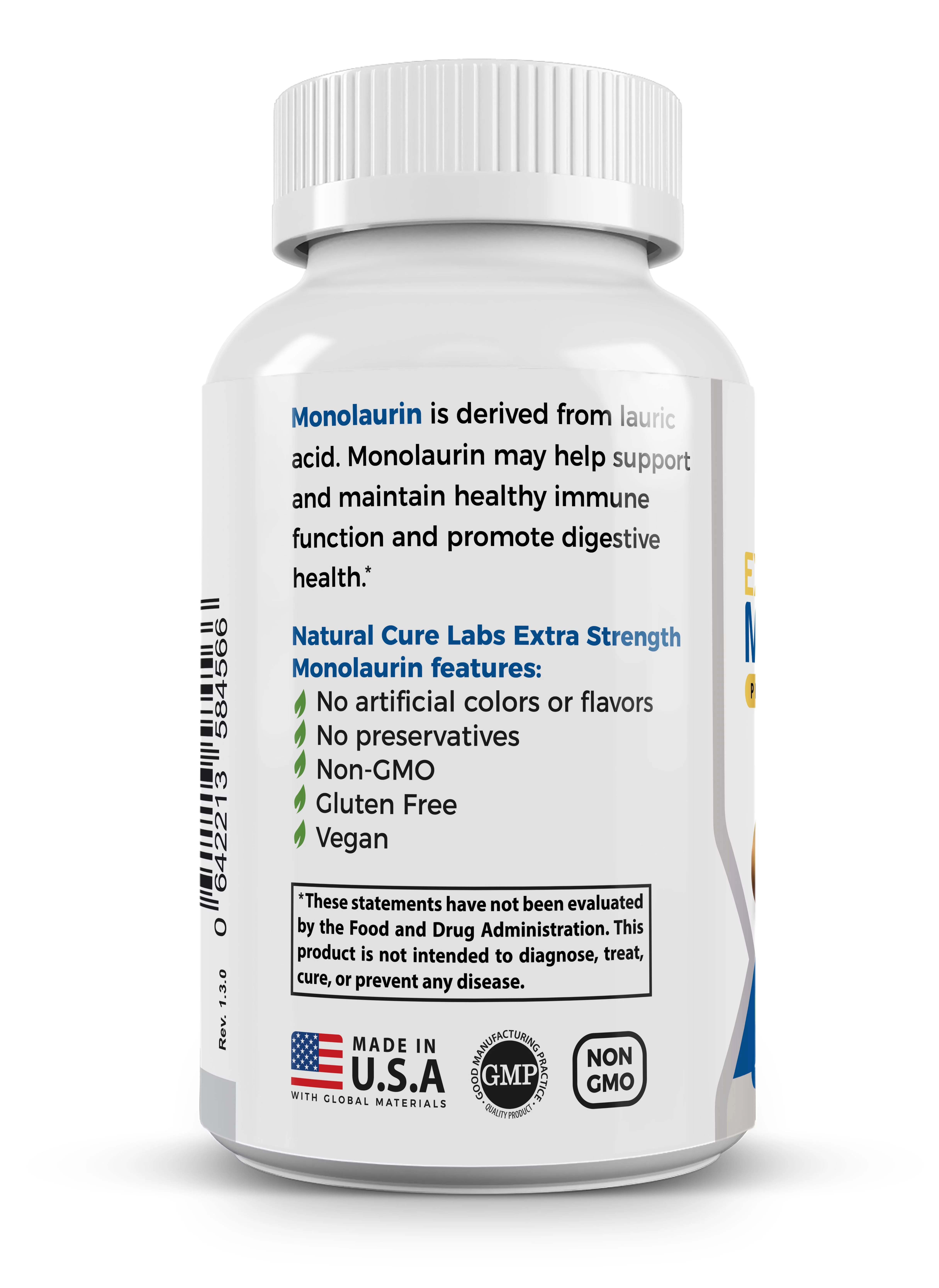 Natural Cure Labs Extra Strength Monolaurin from Lauric Acid, 800mg Per Capsule, 100 Count |  Vegan, Non-GMO, & Gluten Free Supplement, 1600mg Per Serving
