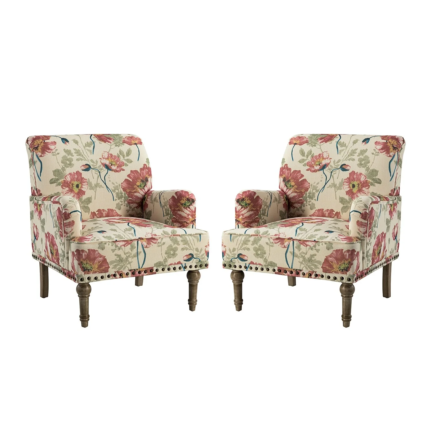 HULALA HOME Geltrude Traditional Floral Fabric Design Upholstered Accent Armchair with Nailhead Trim Set of 2 by  RED Floral