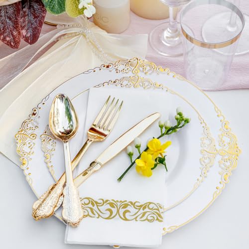 Nervure 350PCS Gold Plastic Plates - Gold Plastic Dinnerware Sets for 50 Guests - 100 Disposable Plates, 150 Silverware, 50 Cups, 50 Napkins for Wedding & Party