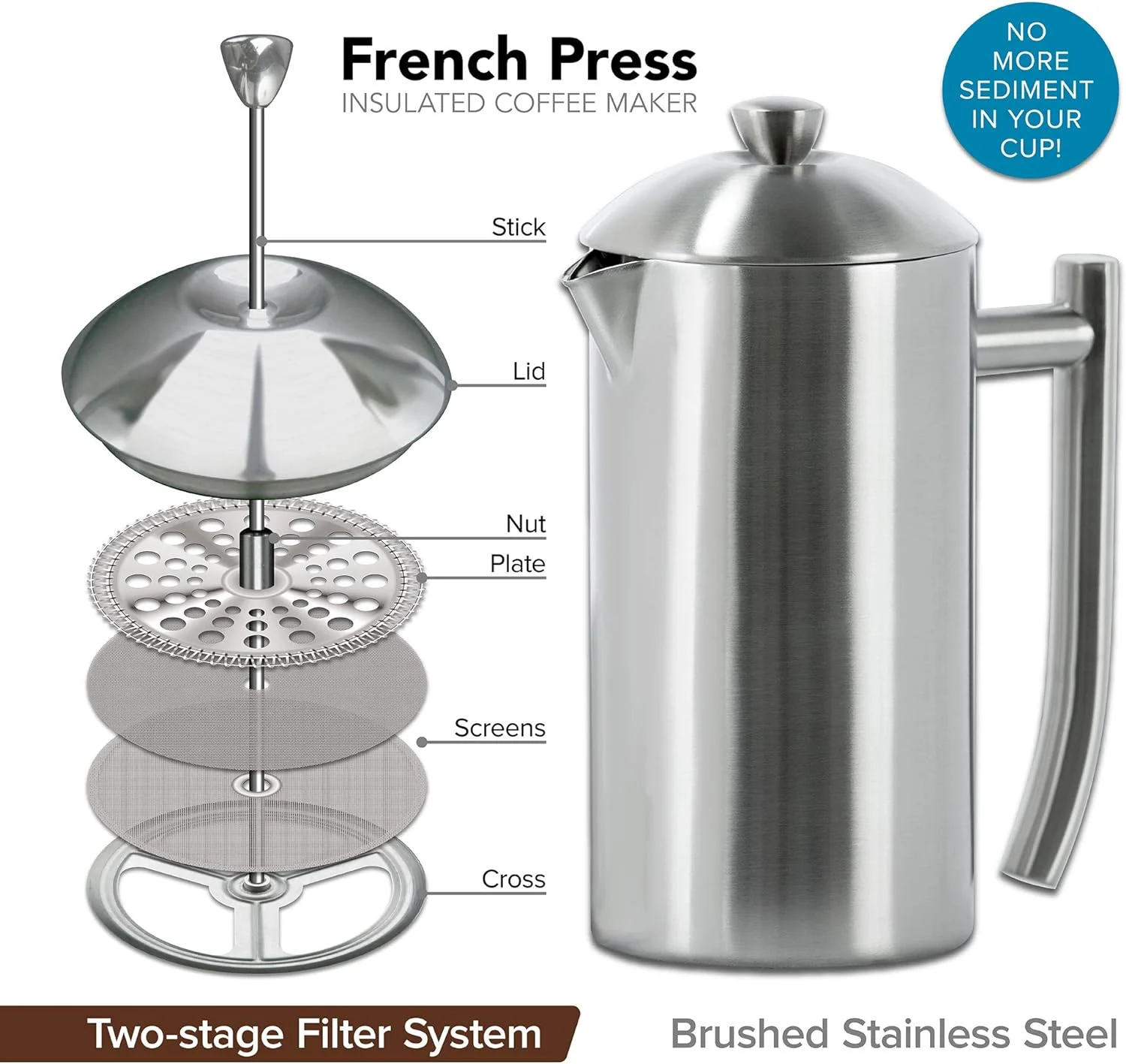 Frieling Double-Walled Stainless-Steel French Press Coffee Maker, Brushed, 17 Ounces
