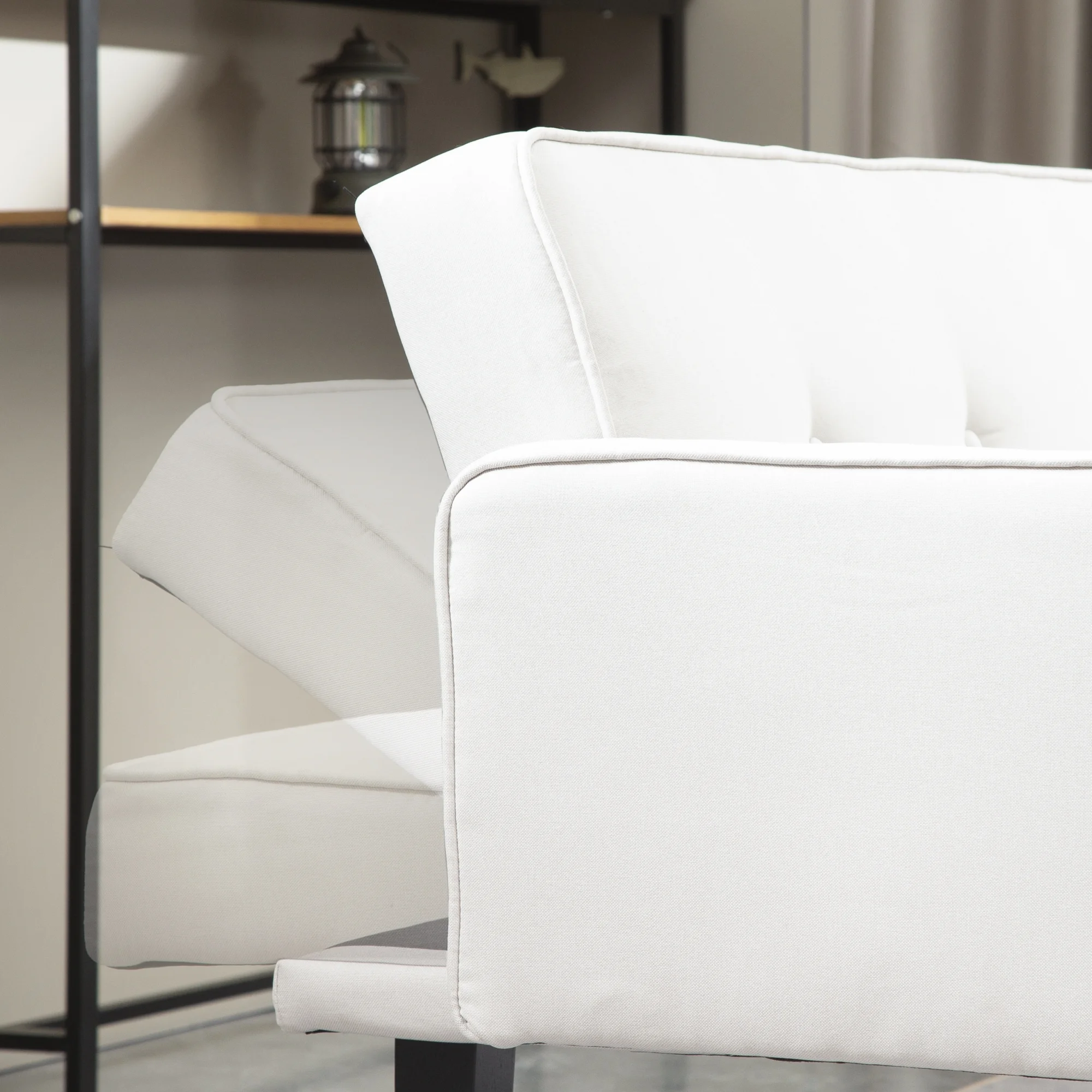 Futon Sofa Bed Convertible Couch Bed with Armrests Modern Living Room Linen Sofa Bed, Folding Recliner Futon Couch Sleeper Set with Solid Wood legs