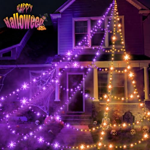 Halloween Decorations Outdoor Spider Web Lights with Glowing Spider - 2 Colors Remote Control Timer Plug in Giant Halloween Decor Cobwebs - 11 Modes Lighting Waterproof Yard Garden Party Decorations