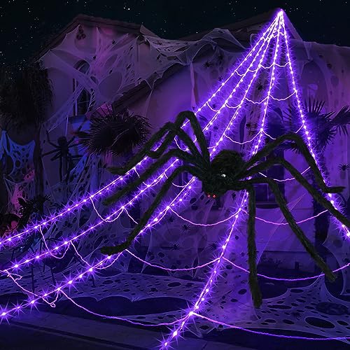 inst Spider Webs Halloween Decorations Outdoor 290LED Halloween Spider Web Lights Decoration with 78.7'' Large Spider & 3.53oz Stretch Cobweb 23Ft Giant Lighted Web with 8 Modes (Purple)